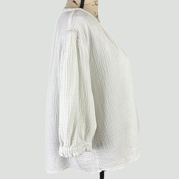 J by Joie Top women Sze Large White Gauzy Cotton Coastal Boho 3/4 Sleeves Blouse - Picture 4 of 11